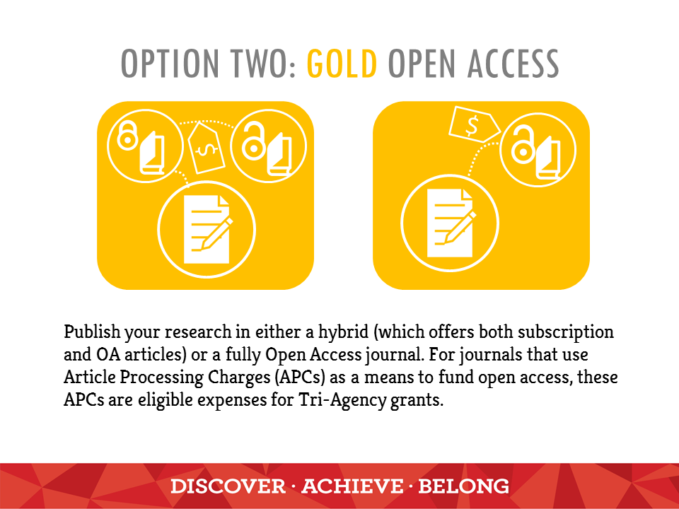 Option 2: Gold Open Access. Publish your research in either a hybrid journal (which offers both subscription and OA articles) or a fully Open Access journal. For journals that use Article Processing Charges (APCs) as a means to fund open access, these APCs are eligible expenses for Tri-Agency grants.